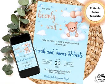 Blue Teddy bear baby shower invitation template, We can bearly wait boy baby shower invite, Bear with balloons baby shower download, Canva