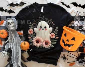 Faux Yarn Floral Ghost PNG, Halloween Png Boho Floral Sublimation Design Halloween Floral Fall Ghost Shirt Digital Download