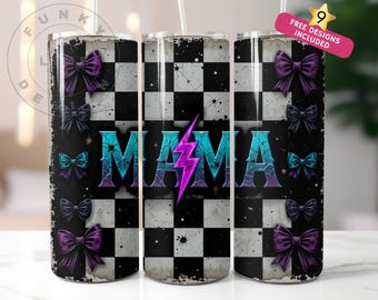 Checkered Mama Tumbler Wrap, Retro Grunge Mom 20oz Skinny Sublimation Tumbler Design, Mother's Day Digital Download PNG