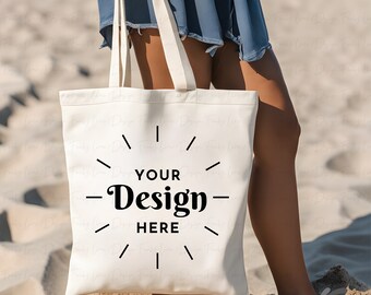 Tote Bag Beach Mockup | Natural Canvas Tote Bag Mock | Lifestyle Tote Bag Mock | Model Tote Bag | Canvas Tote Bag Model | POD Mockup, Gift