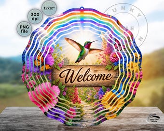 Hummingbird Welcome Wind Spinner PNG, Garden Bird Sublimation Design, Floral Welcome Decor Digital Download