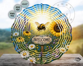Bee Welcome Wind Spinner PNG, Sunflower Bee Sublimation Design, Garden Welcome Decor Download