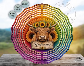 Highland Cow Welcome Wind Spinner PNG, Sunflower Cow Sublimation Design, Farmhouse Garden Decor Digital Download
