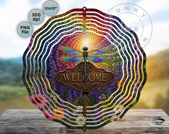 Dragonfly Welcome Wind Spinner PNG, Garden Dragonfly Sublimation Design, Floral Decor Digital Download
