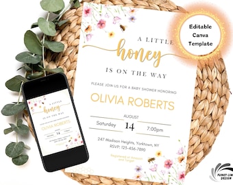 A Little Honey Is On The Way Invitation, Gender Neutral Baby Shower Invite, Bee Baby Shower Invitation, Editable Template, Evite, Canva