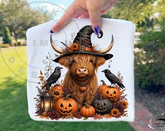 Halloween Highland Cow PNG, Spooky Cow Sublimation Design, Pumpkin Patch Highland Cow Digital Download