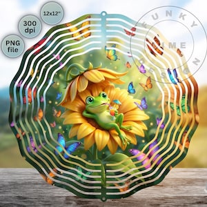 May include: A whimsical metal art piece featuring a frog relaxing in a sunflower, surrounded by colorful butterflies. The design includes a circular frame with wavy lines and the text "Funky Lime Design". The image is 12x12 inches and a PNG file.