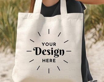Tote Bag Beach Mockup | Natural Canvas Tote Bag Mock | Lifestyle Tote Bag Mock | Model Tote Bag | Canvas Tote Bag Model | POD Mockup, Gift