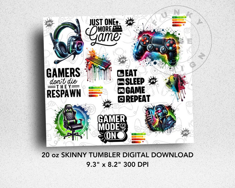Watercolor Gamer Tumbler Wrap PNG | 20 Oz Skinny Seamless Digital ...