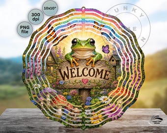 Frog Welcome Wind Spinner PNG, Cottagecore Garden Frog Sublimation Design, Digital Download