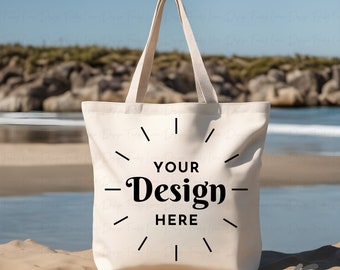 Tote Bag Beach Mockup | Natural Canvas Tote Bag Mock | Lifestyle Tote Bag Mock | Model Tote Bag | Canvas Tote Bag Model | POD Mockup, Gift