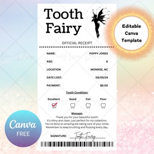 Editable Tooth Fairy Receipt Printable Certificate, First Tooth Lost, Realistic Tooth Fairy Letter, Kids Tooth Fairy Letter, Lost Tooth