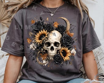 Floral Skull PNG, Gothic Floral Halloween Sublimation Design, Botanical Skull Clipart, Spooky Digital Download