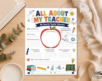 All About My Teacher, Teacher Appreciation Printable, End Of School Year, Thank You Gift, Digital Download