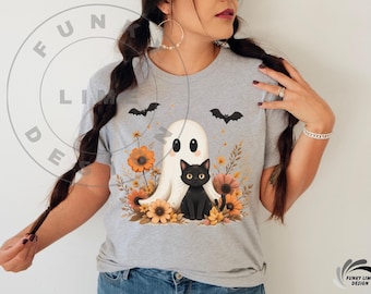 Cute Halloween Ghost and Cat Png, Retro Spooky Floral Halloween Png, Halloween Png, Funny Halloween Png, Black Cat Png