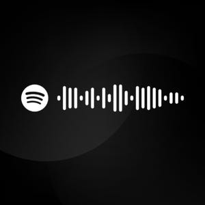 May include: A white Spotify code graphic featuring the circular logo with three curved horizontal lines followed by a series of vertical bars of varying heights, all set against a solid black background for high contrast and clear visibility.