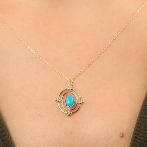 14K Solid Gold Oval Turquoise Pendant Necklace – Handmade Vintage Real Gold Chain, 42 cm, December Birthstone Jewelry