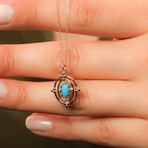 14K Solid Gold Oval Turquoise Pendant Necklace – Handmade Vintage Real Gold Chain, 42 cm, December Birthstone Jewelry