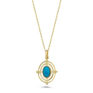14K Solid Gold Oval Turquoise Pendant Necklace – Handmade Vintage Real Gold Chain, 42 cm, December Birthstone Jewelry