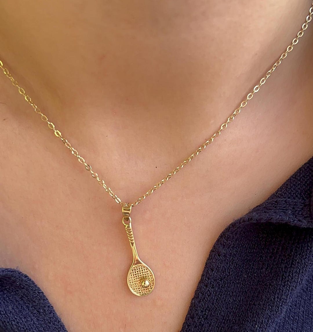 14K Solid Gold Tennis Racket Necklace, Personalized Tennis Player Gift ...