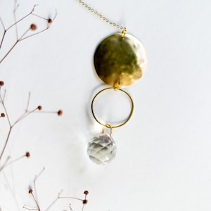 SAYRI Brass Suncatcher – Handmade Window Décor with Hammered Disc, Ring & Crystal Prism | Boho Light Catcher