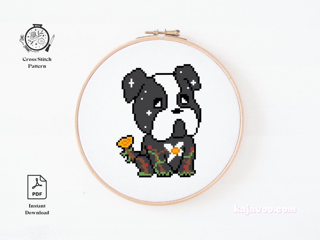 Flower French Bulldog Cross Stitch Pattern. Funny Cross Stitch Pattern Animals. Snarky Cross