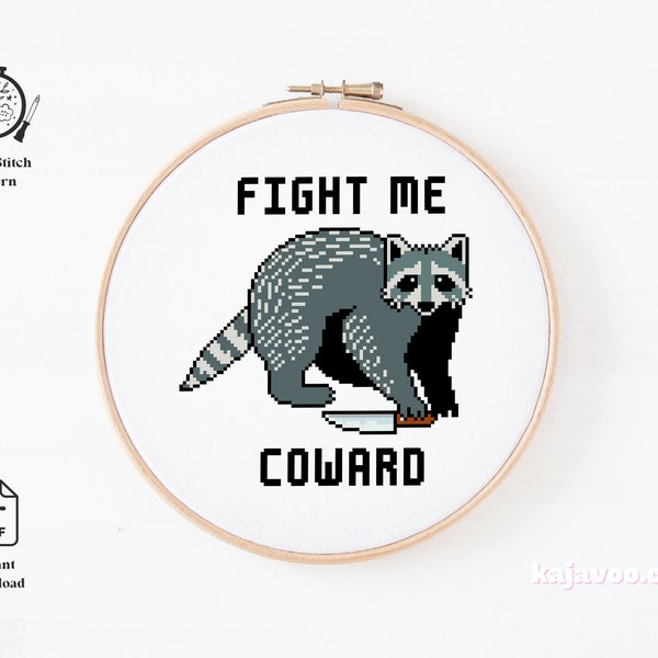 Fight Me Coward Raccoon Cross Stitch Pattern. Funny Cross Stitch Pattern Animals. Snarky Cross Stitch Pattern. PDF Instant Download!