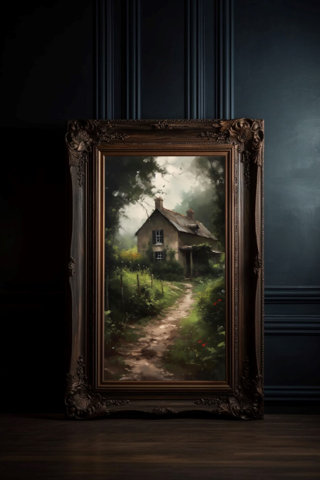 Oil Painting House Forest Instant Download Moody Floral Wall Art Dark