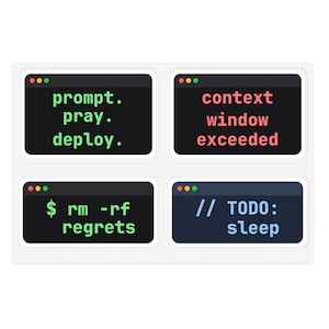 Programmer Sticker Sheet, 4 Funny Coder Stickers for Laptop, Terminal Developer Gift, Waterproof Vinyl Software Engineer Decals