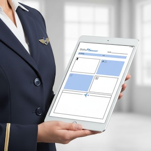 May include: A tablet displaying a "Daily Planner" interface, held by a person wearing a navy blue uniform. The planner features sections for flights, with blue and white design elements. A small airplane icon is visible.