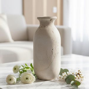 Vas i naturlig travertinsten, beige minimalistisk inredning