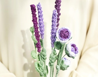 Gehaakt lavendelboeket, gehaakte bloemen, paarse gehaakte roos, langdurig bloemenboeket, kleurrijk cadeauboeket - kerstcadeau, woondecoratie