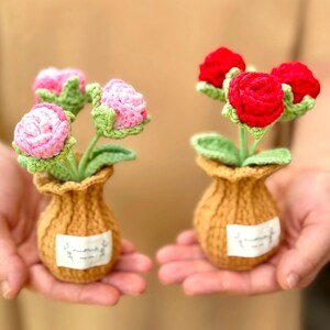 Puede incluir: Dos pequeños arreglos florales de ganchillo hechos a mano. Uno presenta flores rosas, el otro rojas. Cada arreglo tiene tres flores en un pequeño jarrón de color marrón claro con hojas verdes. Los jarrones tienen una pequeña etiqueta blanca.