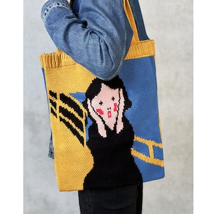 Bestickte Tote Bag, Einkaufstasche gehäkelt aus Wolle, ästhetische Kunst Tasche, Jutebeutel gehäkelt, Häkeltasche mit Malerei - Geschenkidee