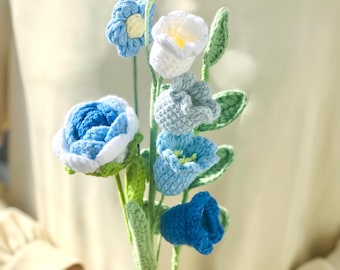 Gehaakt rozenboeket, gehaakte bloemen, gehaakte roos blauw, lang houdbaar boeket, gehaakt bloemenboeket roze, cadeauboeket kleurrijk - Woondecoratie