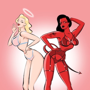 Pinup Illustration für Pinup-Liebhaber - Gutes Mädchen, böses Mädchen in Dessous - Einweihungsparty - Geschenkidee