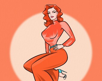 Ilustración de pin-up de terciopelo naranja – Impresión de arte mural retro