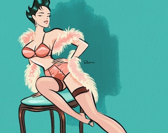 Ilustración de pin-up de boudoir: impresión artística de lencería de seda rosa