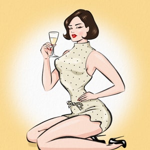 Pinup Illustration für Pinup Liebhaber - Prost - Pinup im Limettenkleid schlürft Champagner - Einweihungsgeschenk - Geschenkidee