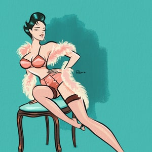 Pinup Illustration für Pinup-Liebhaber - Boudoir Pinup in rosa Seidenwäsche - Einweihungsparty - Geschenkidee