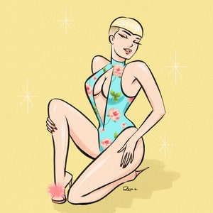 Pinup Illustration für Pinup-Liebhaber - Platinblonder Pinup in blumigen türkisen Dessous - Einweihungsgeschenk - Geschenkidee
