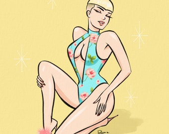 Lámina artística de una chica rubia platino con lencería floral turquesa