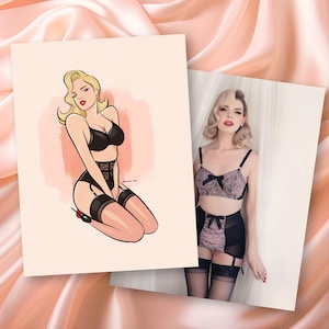 Ilustración de retrato pin-up digital personalizada - regalo para él o ella - inauguración de la casa - arte de pared decorativo para el hogar - idea de regalo
