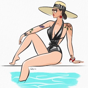 Pinup illustration for pinup lovers - By the pool - Tattooed Pinup in black bathing suit swimming  - house warming - home decor wall art