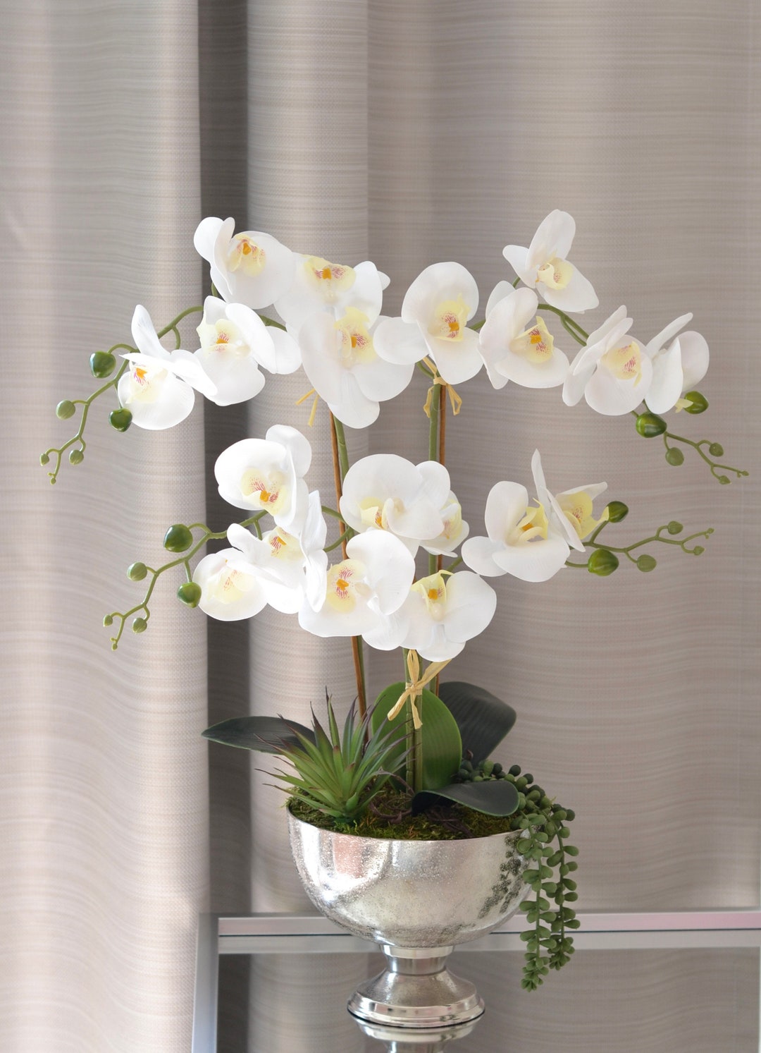 Realistic Artificial White Orchids in Silver Metallic Vase Etsy
