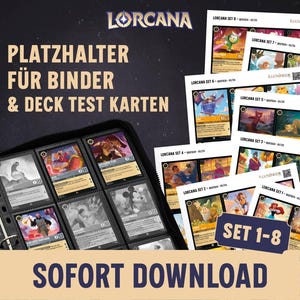 Lorcana Placeholder Cards & Deck Test Cards om zelf af te drukken - Set 1 tot 8 - DIN A4 - 4 bestanden per set met elk 25 pagina's - BUNDEL