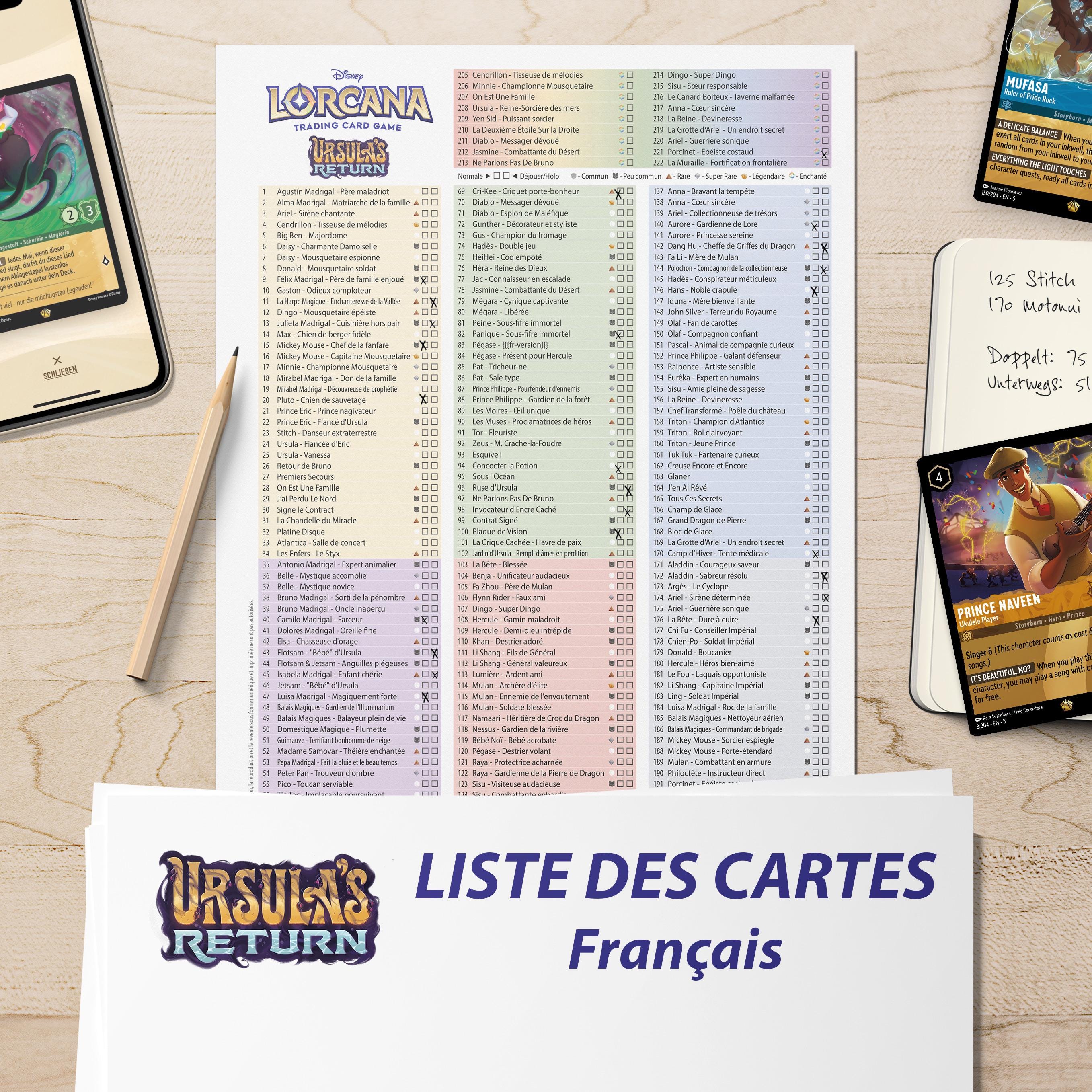 Digital Download Kartenliste Checkliste Lorcana Ursulas Rückkehr Französisch 4. Set Sammelordner Übersicht
