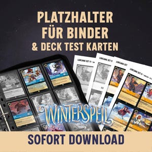 May include: A black binder with card sleeves filled with colorful trading cards, alongside printed sheets of cards. The image features the text "WINTERSPEL" and "SOFORT DOWNLOAD" in a stylized font, with additional text in German.