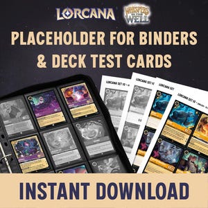 May include: A black binder with card sleeves filled with colourful trading cards, alongside printed test cards. The image features the text "PLACEHOLDER FOR BINDERS & DECK TEST CARDS" and "INSTANT DOWNLOAD" in a gold font.
