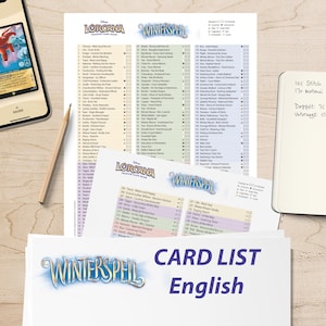 May include: A collection of printed card lists for the Disney Lorcana Trading Card Game, featuring the "Winterspeil" logo. The lists are in English and include card names and details. A smartphone and notepad are also in the image.